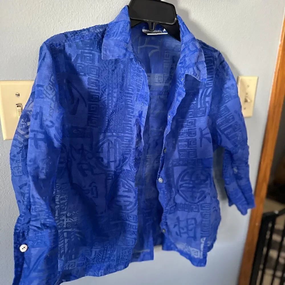 Chico's Design Linen Nylon Button Down Printed Collar Top Size 0 Large - Picture 3 of 8